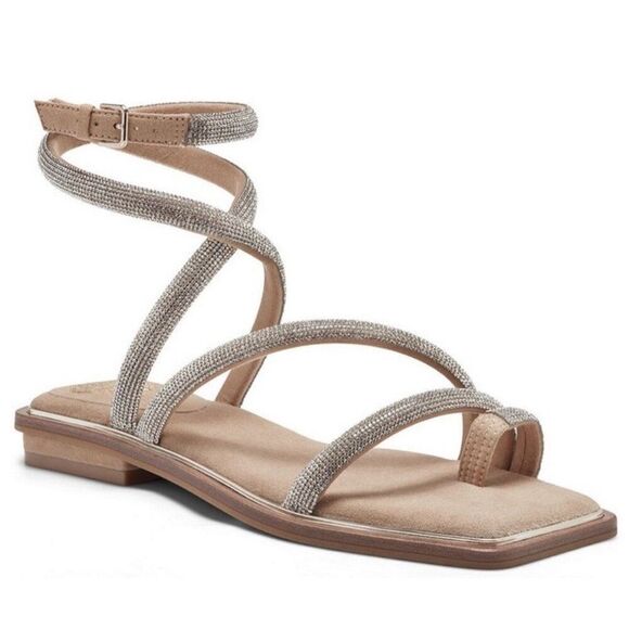 Vince Camuto Pertema Silver Rhinestone Ankle Wrap Strappy Flat Sandals 7 - Picture 1 of 5